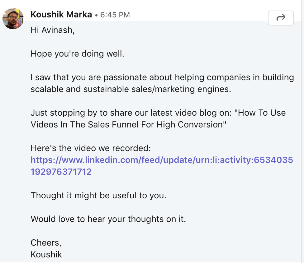 Koushik's linkedin post