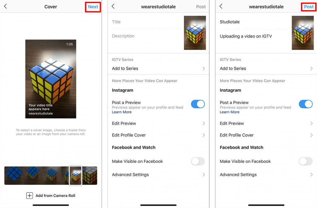 IGTV video upload - Selecting a cover image, Setting title and description